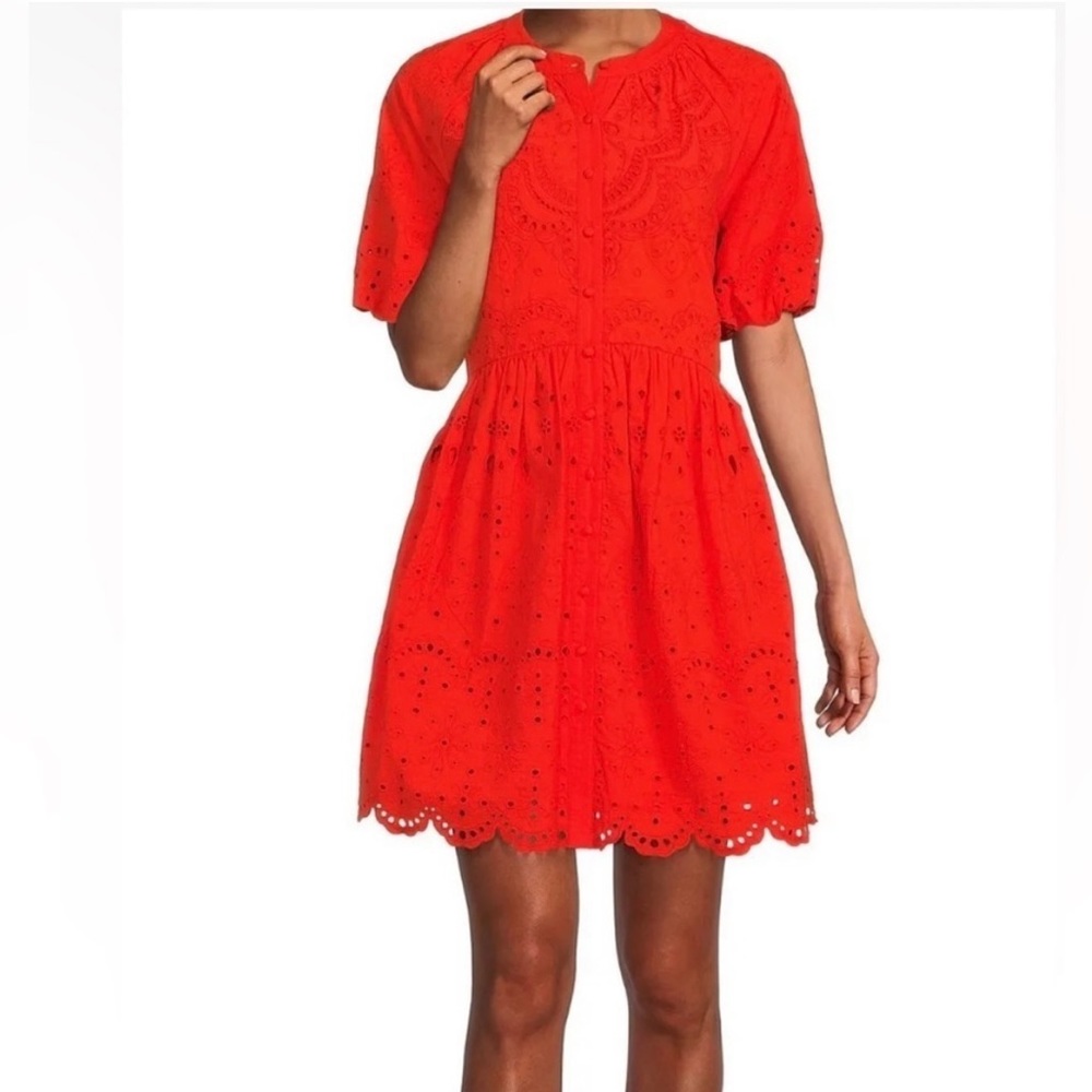 Antonio Melani x Kimberly Whitman Orange Puff Sleeve Eyelet Embroidered Dress 8
